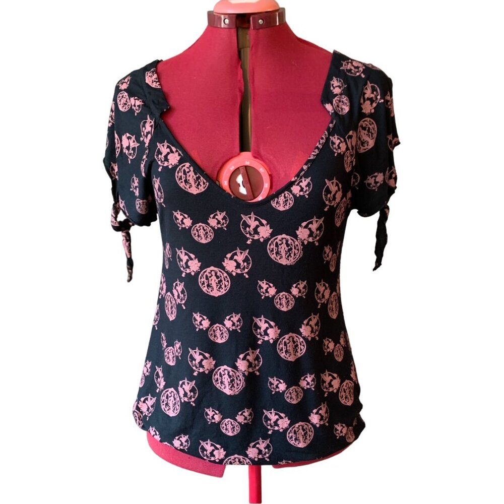 FORNARINA - Black with pink print - Bouse with open neck and elastic waist Small